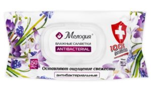 Салфетки влажные 150 шт, антибактериальные с пластиковым клапаном, МЕЛОДИЯ