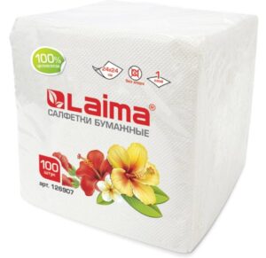 Салфетки бумажные 100 штук, 24х24 см., LAIMA, белые, 100% целлюлоза, 126907